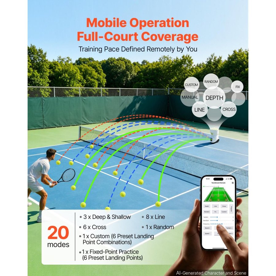 VEVOR Tennis Ball Machine Auto Portable Ball Launcher for Practice Training, with App Remote Control, 150 Ball Capacity, Spin Control, 20 Training Modes, 4H Battery Life, and Speeds up to 80MPH