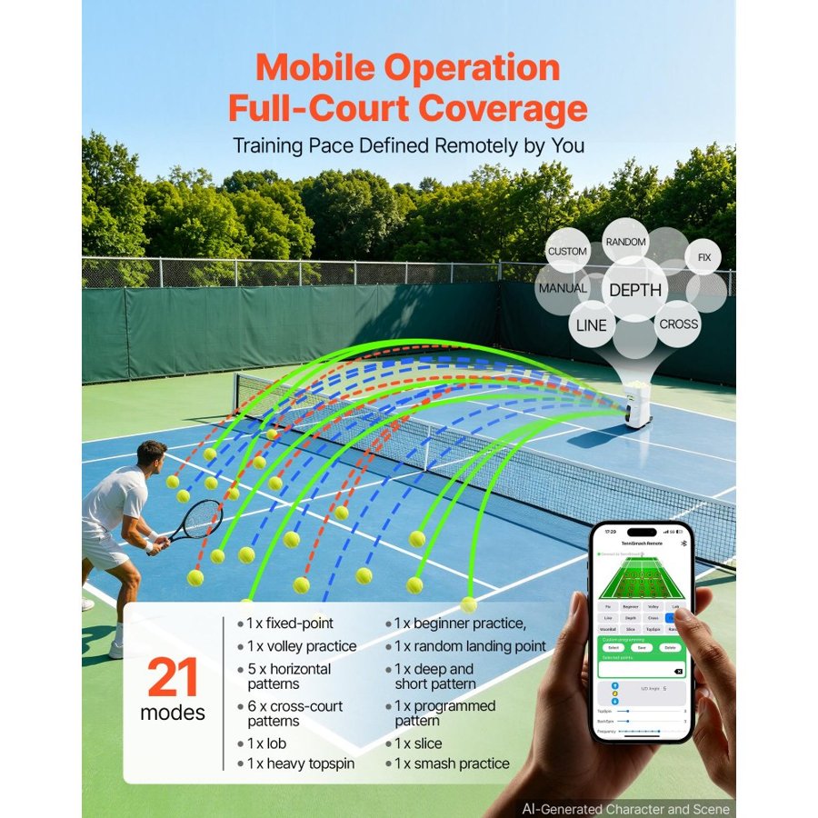 VEVOR Tennis Ball Machine Auto Portable Ball Launcher for Practice Training, with App Remote Control, 110 Ball Capacity, Spin Control, 21 Training Modes, 4H Battery Life, and Speeds up to 75MPH