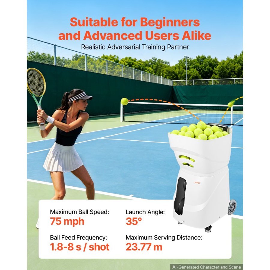 VEVOR Tennis Ball Machine Auto Portable Ball Launcher for Practice Training, with App Remote Control, 110 Ball Capacity, Spin Control, 2 Training Modes, 4H Battery Life, and Speeds up to 75MPH