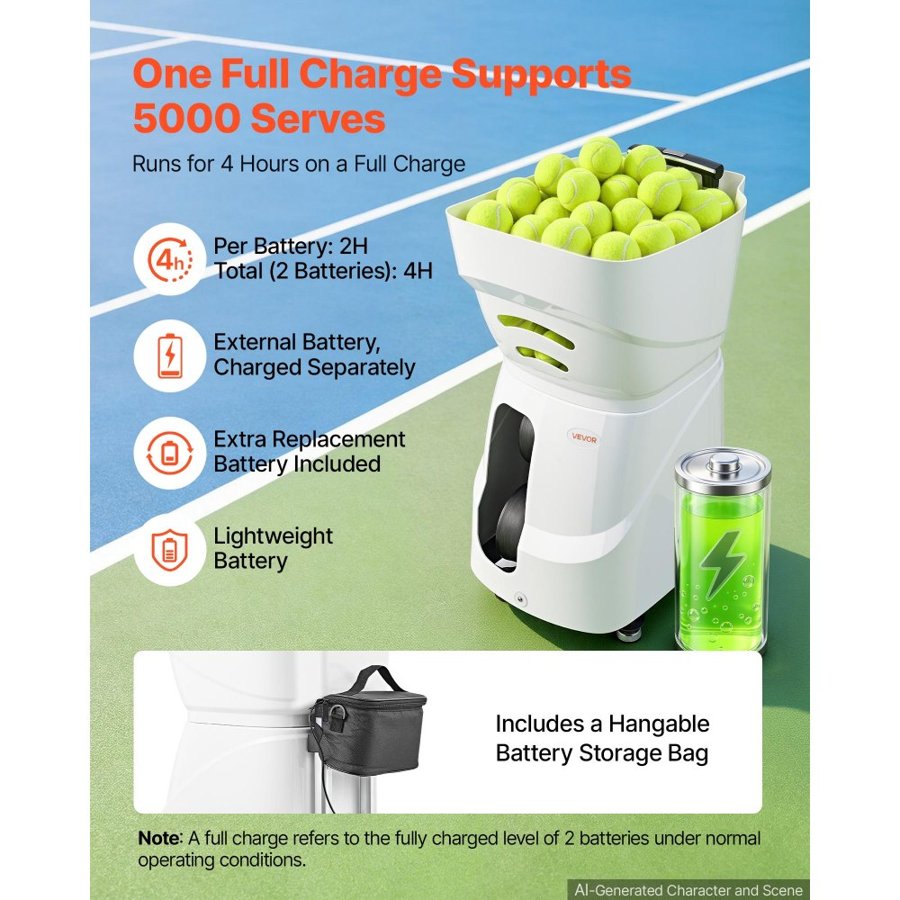 VEVOR Tennis Ball Machine Auto Portable Ball Launcher for Practice Training, with App Remote Control, 110 Ball Capacity, Spin Control, 2 Training Modes, 4H Battery Life, and Speeds up to 75MPH