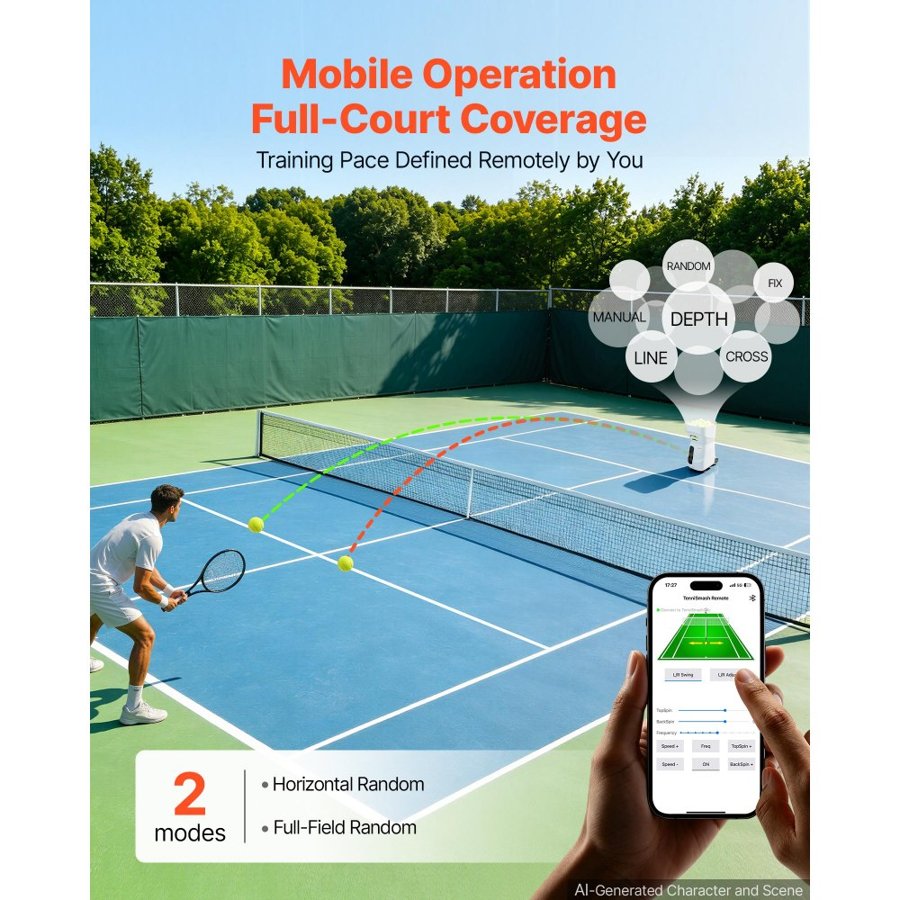 VEVOR Tennis Ball Machine Auto Portable Ball Launcher for Practice Training, with App Remote Control, 110 Ball Capacity, Spin Control, 2 Training Modes, 4H Battery Life, and Speeds up to 75MPH