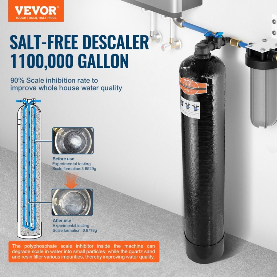 VEVOR Whole House Salt Free Descaler, Water Filter for City Water, 1100,000 Gallon Whole House Water Descaler for All Kinds of Plumbing Pipes, 1" BSPT & 3/4" BSPT, for 5-8 Person Family