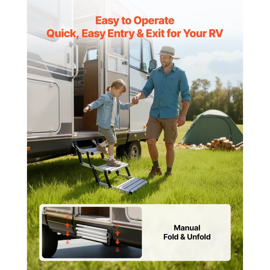VEVOR RV Steps, 3-Step, 200 kg Load Capacity, Manual Retractable RV Stairs, Telescopic Folding Aluminum Alloy Camper Steps, Steel Frame Non-Slip Entry Stairs for Camper Van Motorhome Travel Trailer
