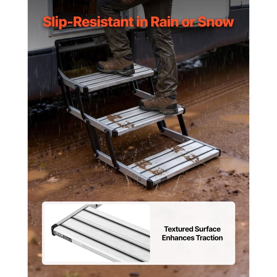 VEVOR RV Steps, 3-Step, 200 kg Load Capacity, Manual Retractable RV Stairs, Telescopic Folding Aluminum Alloy Camper Steps, Steel Frame Non-Slip Entry Stairs for Camper Van Motorhome Travel Trailer