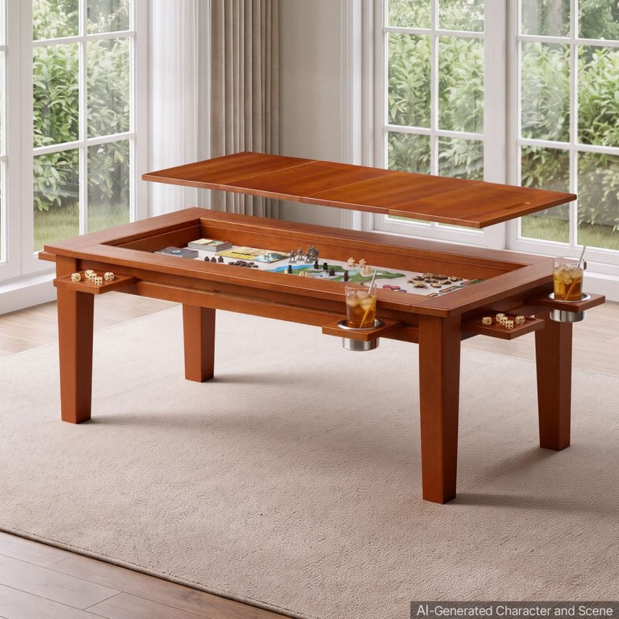 VEVOR Board Game Table 2-in-1 Gaming and Dining Table 1.2 x 0.6 x 0.45 m, Roomy for 4 Players, with Removable Tabletop, Leather Gaming Mat, 4 Cup Holders & Sliding Trays, 300LBS Solid Wood Support