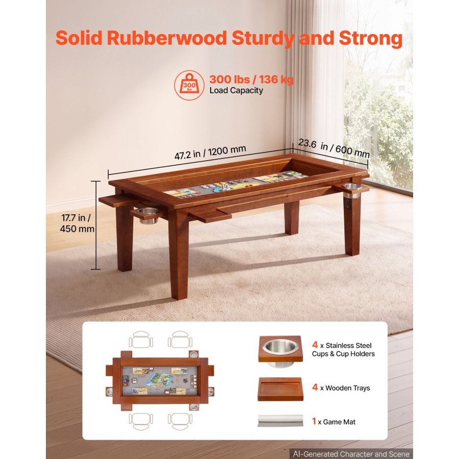 VEVOR Board Game Table 2-in-1 Gaming and Dining Table 1.2 x 0.6 x 0.45 m, Roomy for 4 Players, with Removable Tabletop, Leather Gaming Mat, 4 Cup Holders & Sliding Trays, 300LBS Solid Wood Support