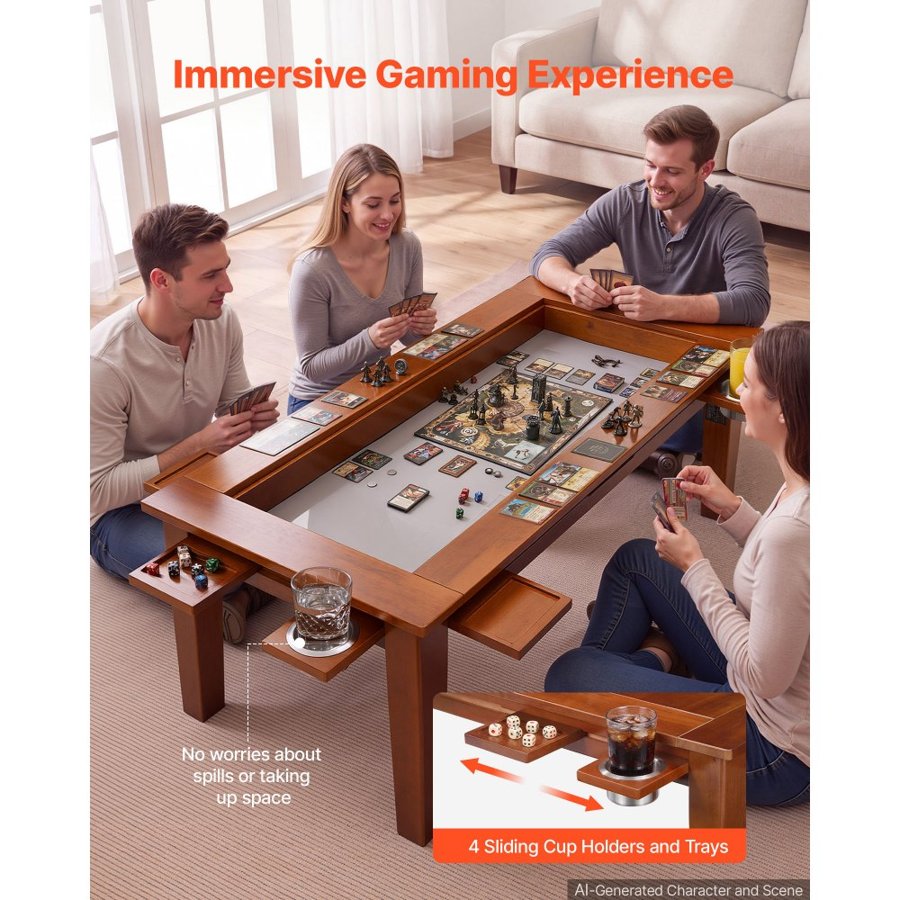 VEVOR Board Game Table 2-in-1 Gaming and Dining Table 1.2 x 0.6 x 0.45 m, Roomy for 4 Players, with Removable Tabletop, Leather Gaming Mat, 4 Cup Holders & Sliding Trays, 300LBS Solid Wood Support