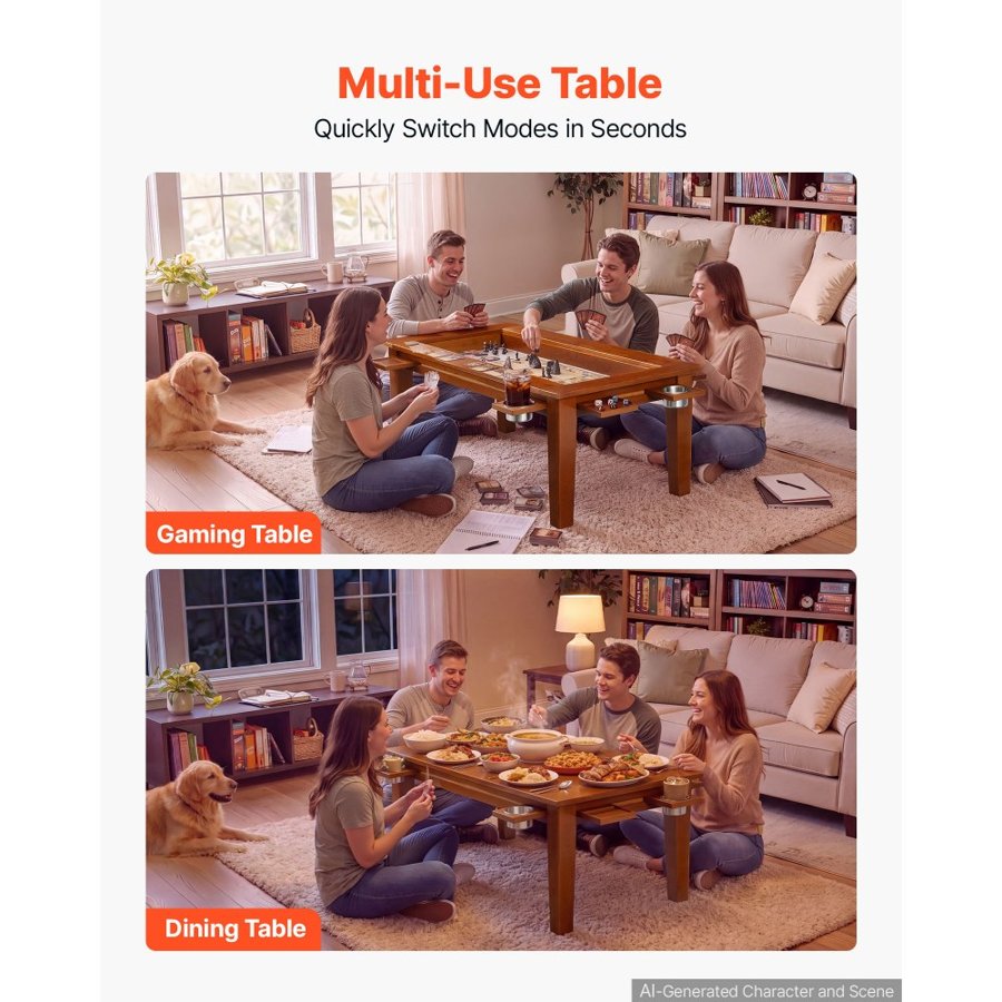 VEVOR Board Game Table 2-in-1 Gaming and Dining Table 1.2 x 0.6 x 0.45 m, Roomy for 4 Players, with Removable Tabletop, Leather Gaming Mat, 4 Cup Holders & Sliding Trays, 300LBS Solid Wood Support