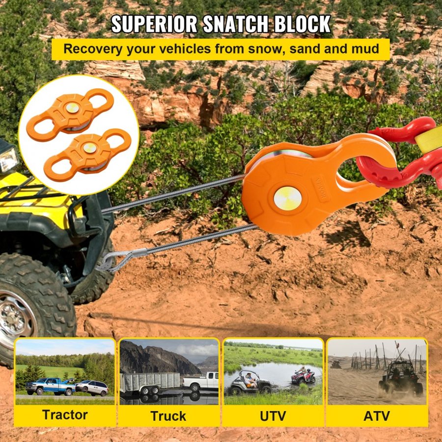VEVOR Snatch Block, 11T/25,000 LBS Working Load Limit, Heavy Duty Winch Pulley for 0.55"/14 mm Synthetic Rope or Soft Shackles, Off-road Recovery Accessories for Tractor, Truck, ATV & UTV, 2 Packs