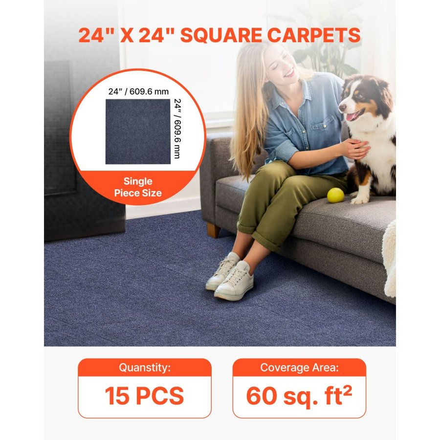 VEVOR Carpet Tiles 610x610 mm, 15 Pack Peel and Stick Carpet Square Rug, Self Adhesive Commercial Floor Soft Padded for Seamless Cover 5.6㎡, Easy DIY Replacement for Living Room Office, Gray