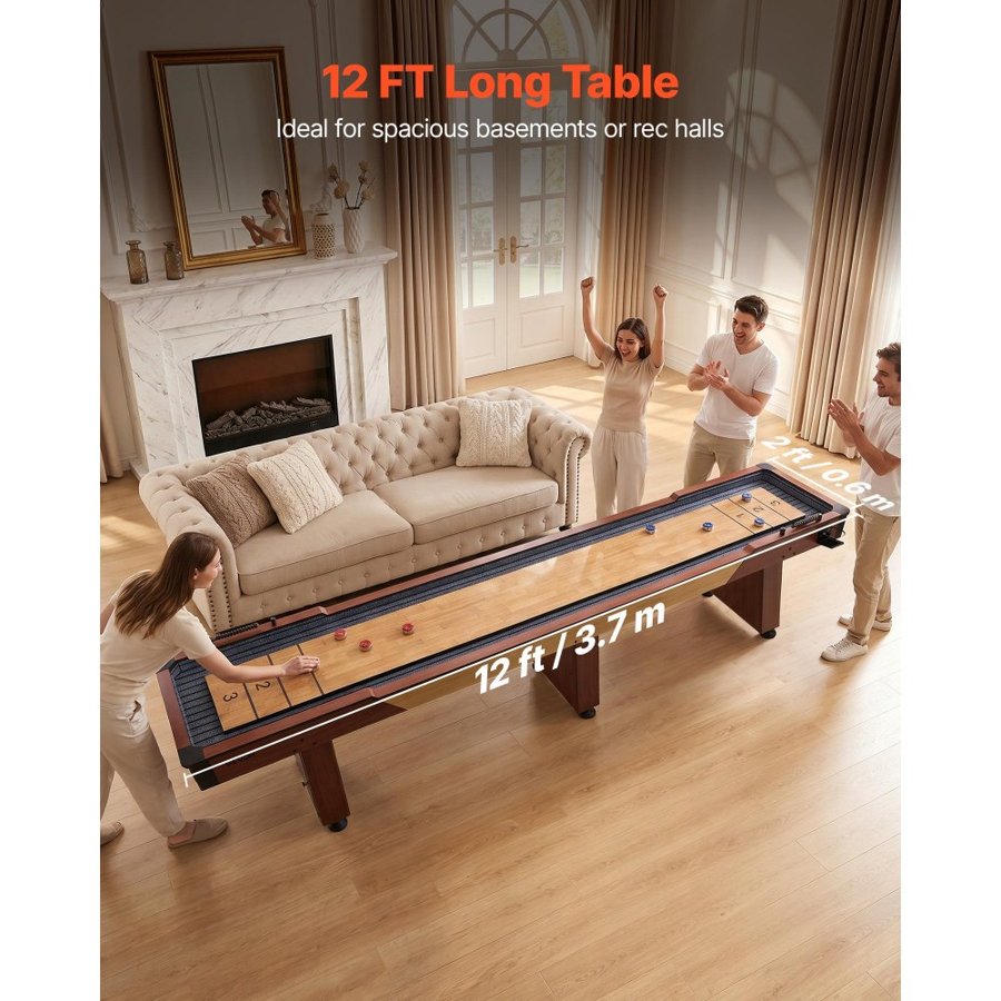 VEVOR 3.7m Shuffleboard Table, 2 in 1 Shuffleboard and Bowling Combo Set, Shuffle Board with Rustic Wood Finish, Scratch-Resistant Playfield, 8 Pucks, Bowling Set, Wax, Brush, for Family Game Room