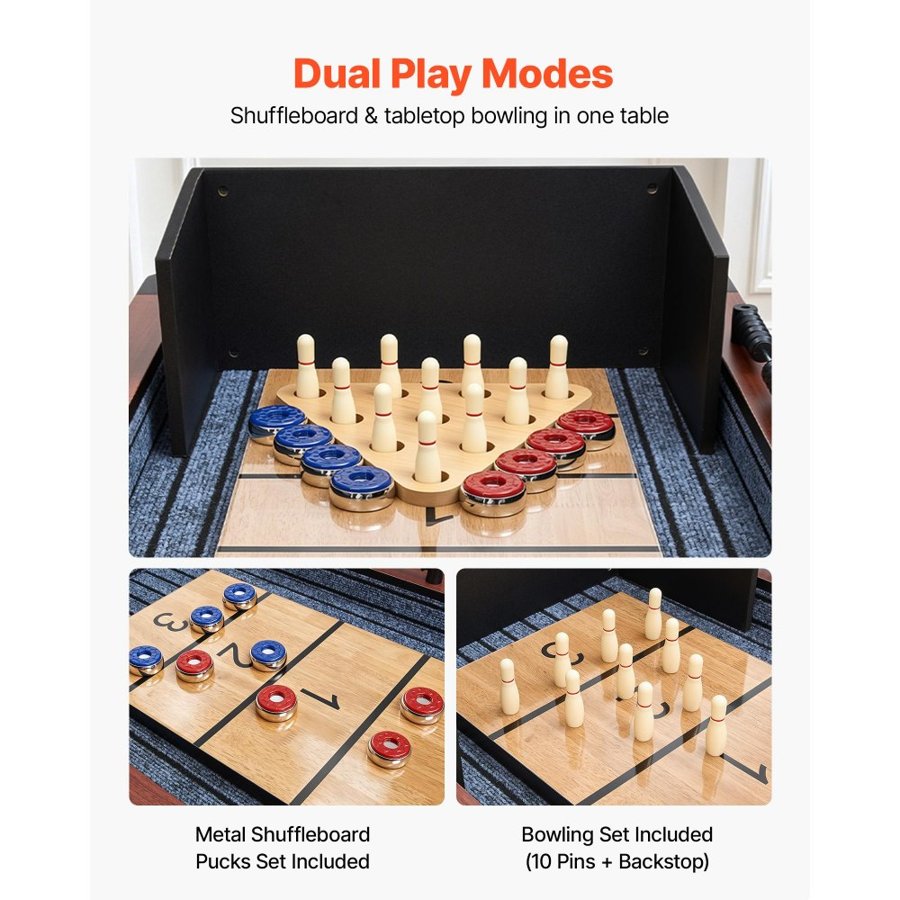 VEVOR 3.7m Shuffleboard Table, 2 in 1 Shuffleboard and Bowling Combo Set, Shuffle Board with Rustic Wood Finish, Scratch-Resistant Playfield, 8 Pucks, Bowling Set, Wax, Brush, for Family Game Room