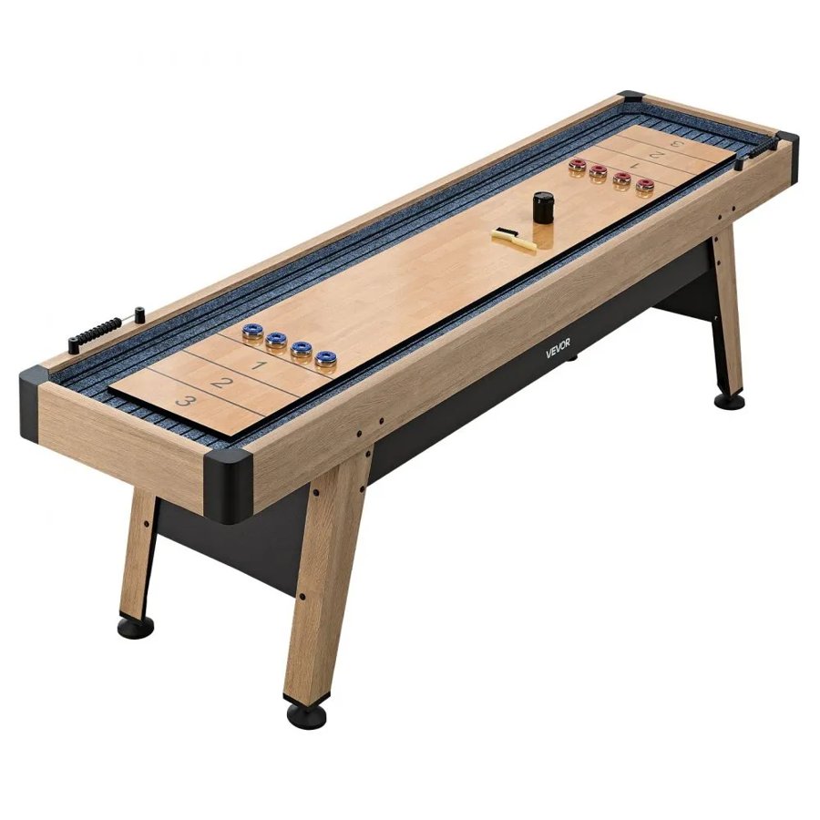 VEVOR 2.7m Shuffleboard Table, Scratch-Resistant Playfield for Smooth, Fast Puck Action, Pedestal Legs with Levelers for Optimum Stability, Shuffle Board w/ 8 Pucks, Wax, Brush, for Family Game Room