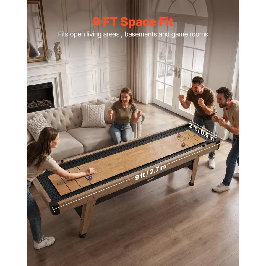 VEVOR 2.7m Shuffleboard Table, Scratch-Resistant Playfield for Smooth, Fast Puck Action, Pedestal Legs with Levelers for Optimum Stability, Shuffle Board w/ 8 Pucks, Wax, Brush, for Family Game Room
