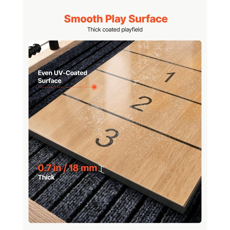 VEVOR 2.7m Shuffleboard Table, Scratch-Resistant Playfield for Smooth, Fast Puck Action, Pedestal Legs with Levelers for Optimum Stability, Shuffle Board w/ 8 Pucks, Wax, Brush, for Family Game Room
