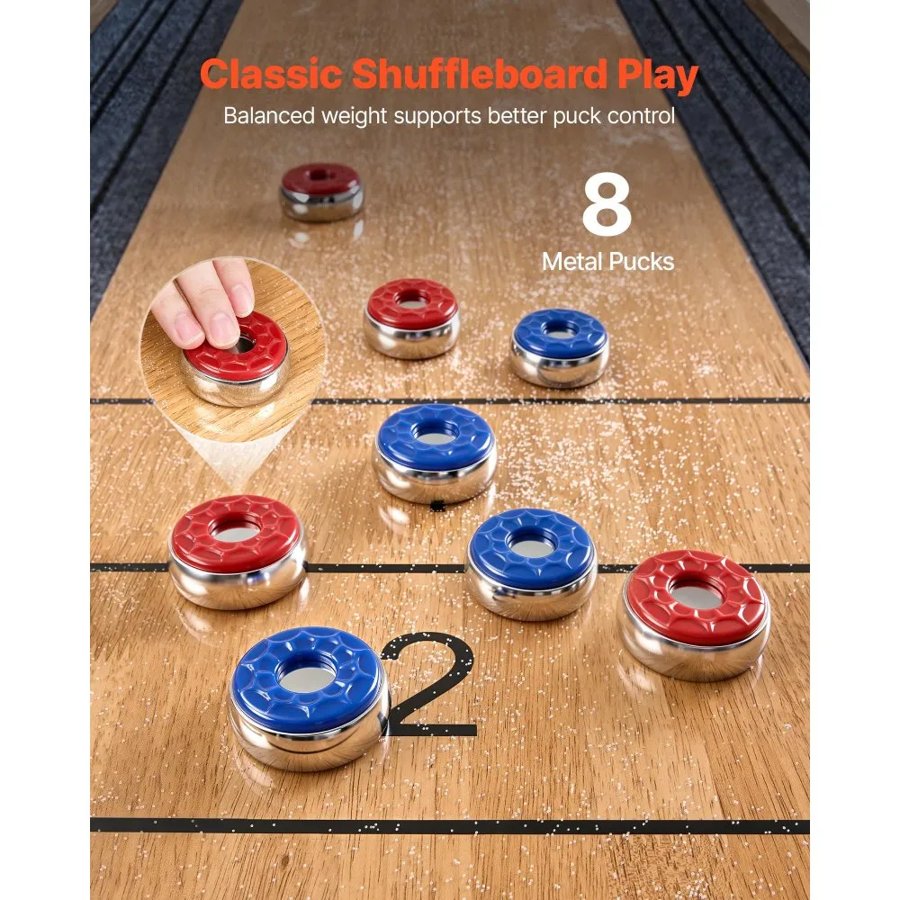 VEVOR 2.7m Shuffleboard Table, Scratch-Resistant Playfield for Smooth, Fast Puck Action, Pedestal Legs with Levelers for Optimum Stability, Shuffle Board w/ 8 Pucks, Wax, Brush, for Family Game Room