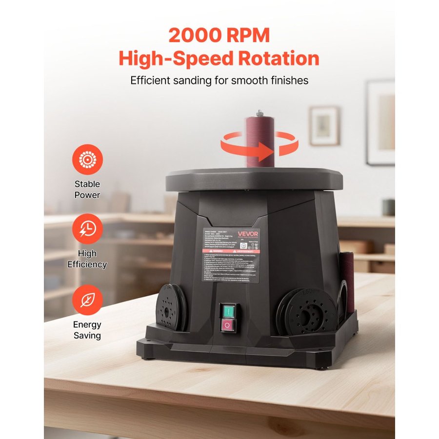 VEVOR Oscillating Spindle Sander, 2000RPM Benchtop Spindle Sander with 6 Sleeves (12.7–76.2 mm), 15 mm Stroke & Dust Connection Port for Furniture Finishing, Crafts Sanding, DIY Woodworking