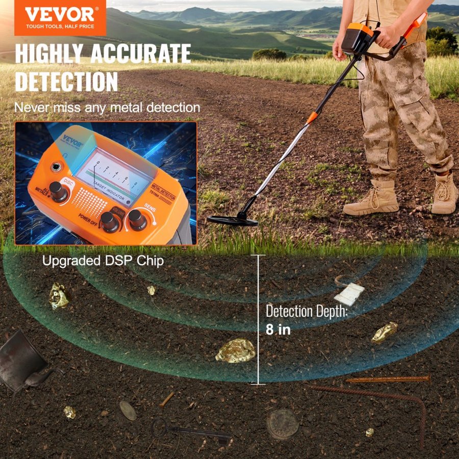 VEVOR Metal Detector for Adults & Kids, 20.3 cm Waterproof Search Coil with High Accuracy Pointer Display, Adjustable 96.5 cm - 124.5 cm Gold Detector, Lightweight Aluminum Stem for Detecting Gold Treasure