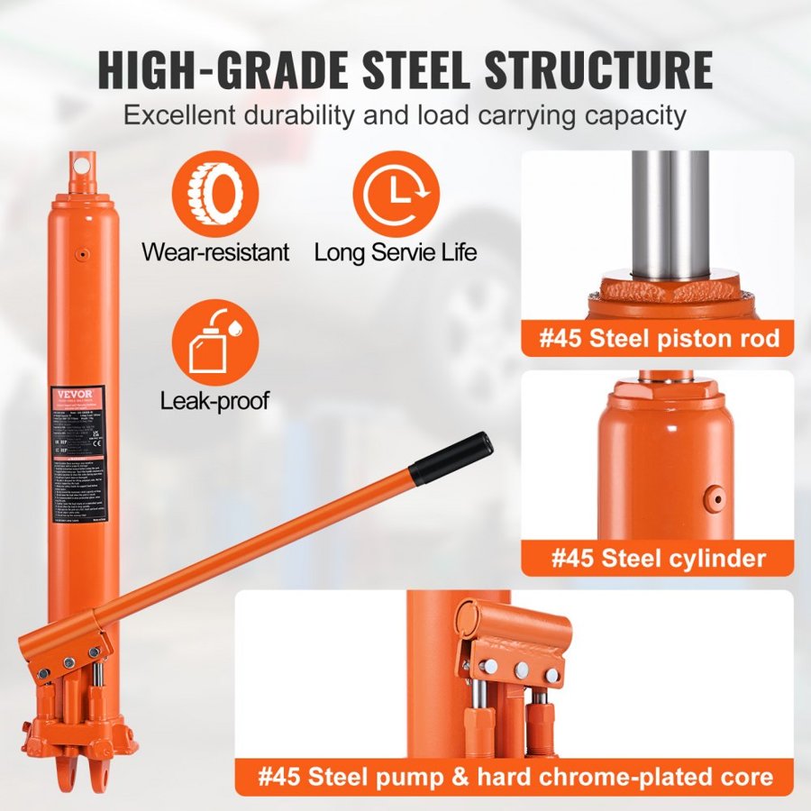 VEVOR Hydraulic Long Ram Jack, 8 Ton Engine Hoist Cylinder with Double Piston Pump And Clevis Base, Hydraulic Ram Cylinder for Engine Lift Hoists, Hydraulic Garage/Shop Cranes, Mechanical, Farm