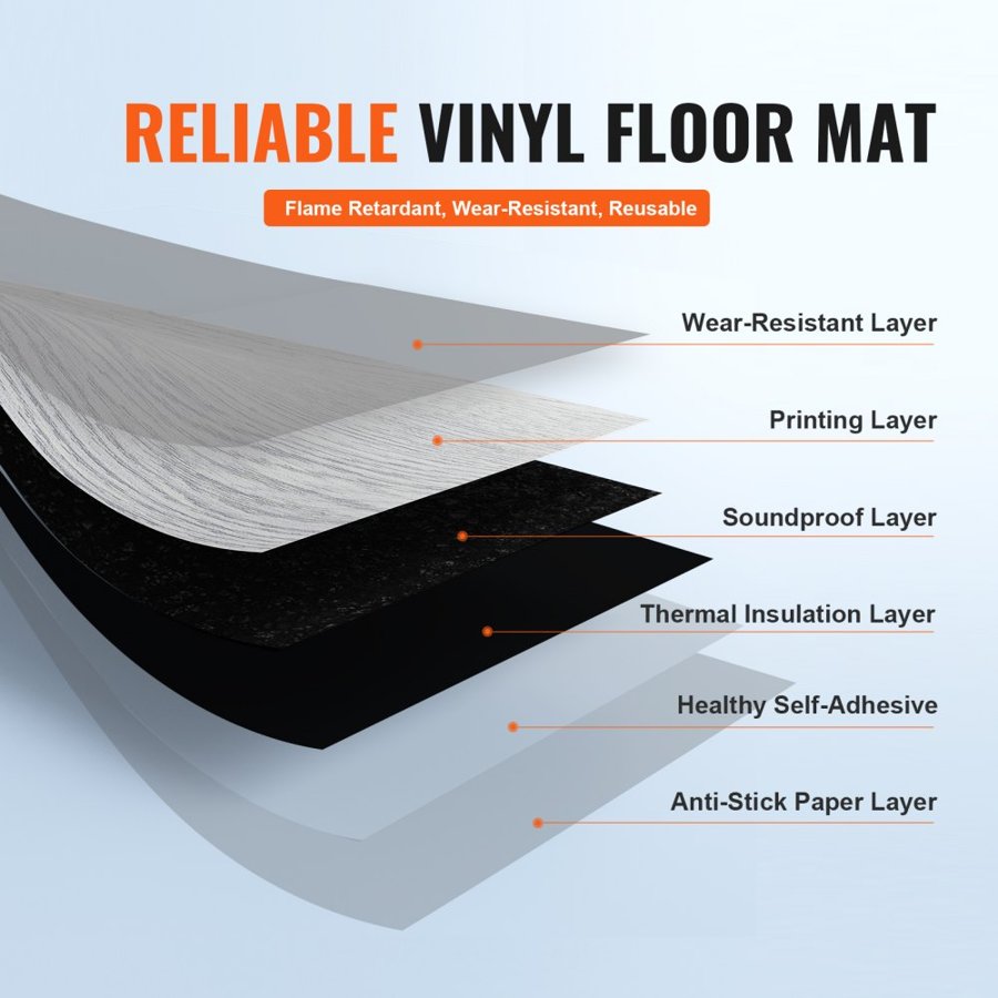 VEVOR Self Adhesive Vinyl Floor Tiles 36 x 6 inch, 20 Tiles 0.62mm Thick Peel & Stick, Light Gray Wood Grain DIY Flooring for Kitchen, Dining Room, Bedrooms & Bathrooms, Easy for Home Decor