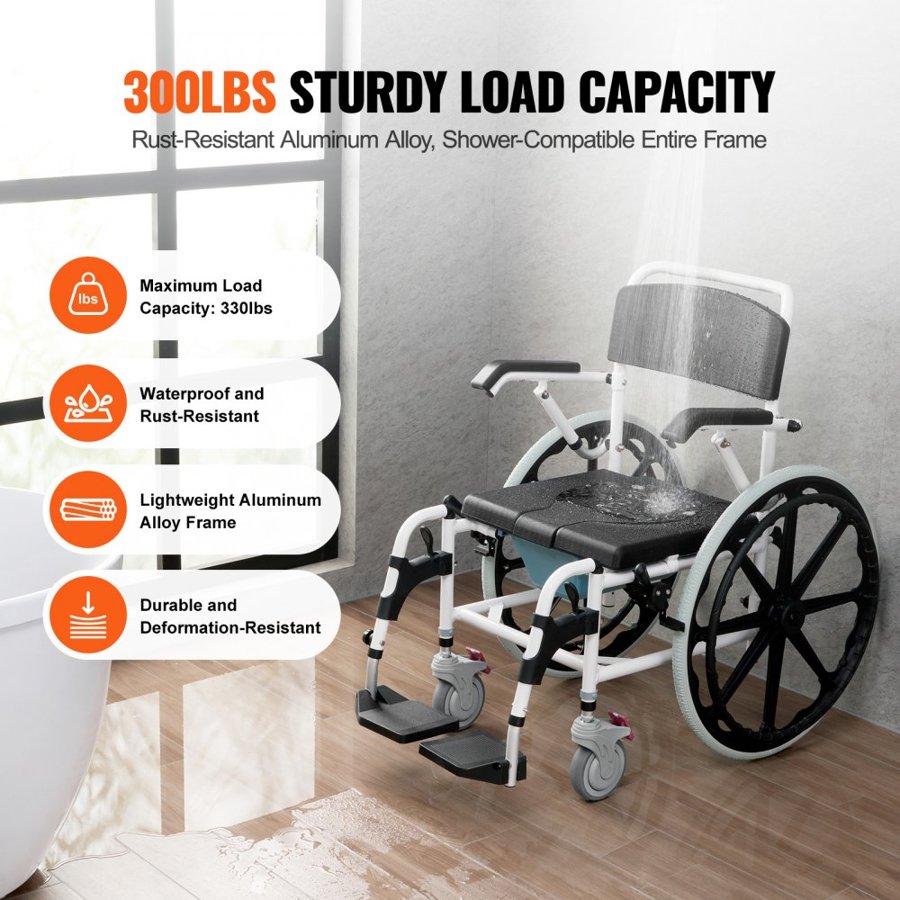 VEVOR Shower Wheelchair 17.5in/44.5 cm Al Alloy Commode Bathroom Wheelchair for Disabled