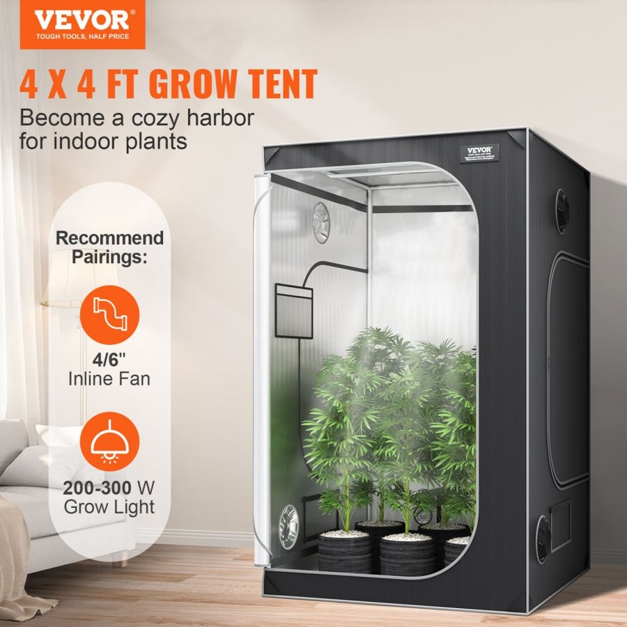 VEVOR 4x4 Grow Tent, 122 x 122 x 203 cm, High Reflective 2000D Mylar Hydroponic Growing Tent with Observation Window, Tool Bag and Floor Tray for Indoor Plants Growing