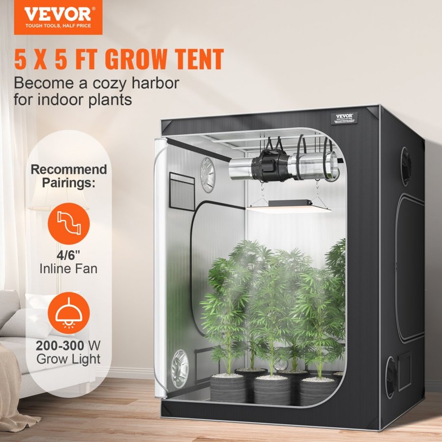 VEVOR 5x5 Grow Tent, 1828.8 x 1828.8 x 2438.4 cm, High Reflective 2000D Mylar Hydroponic Growing Tent with Observation Window, Tool Bag and Floor Tray for Indoor Plants Growing