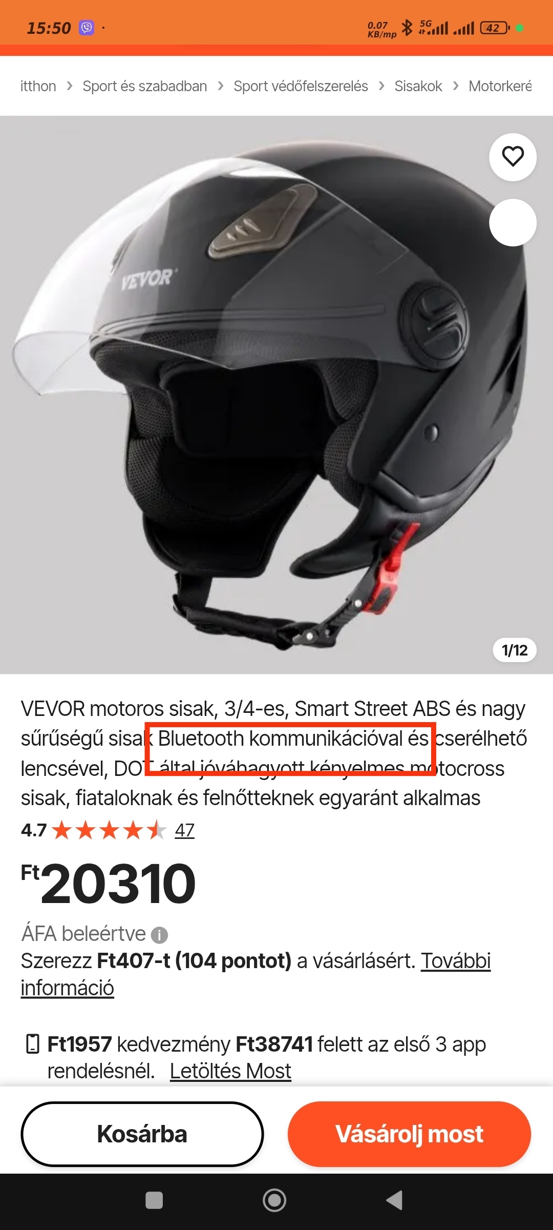 VEVOR Motorcycle Helmet, 3/4-Face, Smart Street ABS & High Density Helmet with Bluetooth Communications & Interchangeable Lens, DOT Approved Comfortable Motocross Helmet, Fit for Youth & Adults